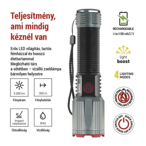EMOS AKKUMULÁTOROS LED FÉM LÁMPA 3000lm,5000mAh P3122