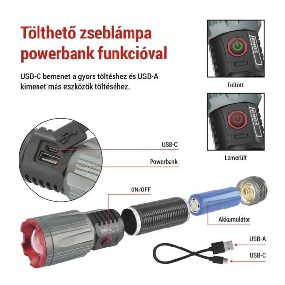EMOS AKKUMULÁTOROS LED FÉM LÁMPA 3000lm,5000mAh P3122