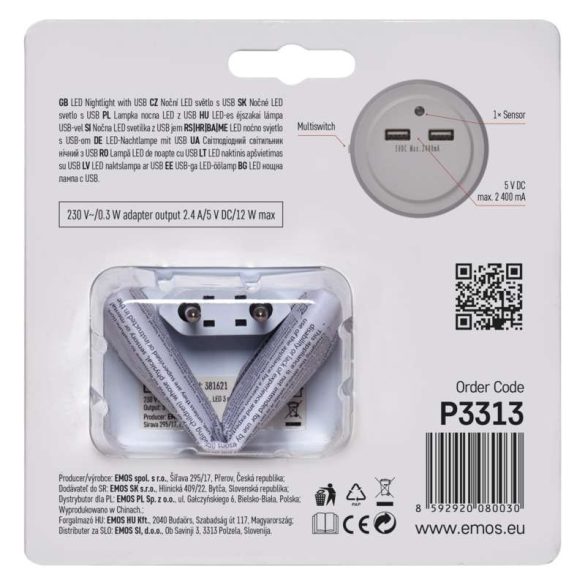 EMOS ÉJJELI FÉNY 3 LED, 2× USB