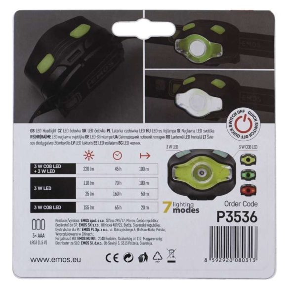 EMOS FEJLÁMPA P3536 3W LED + COB P3536