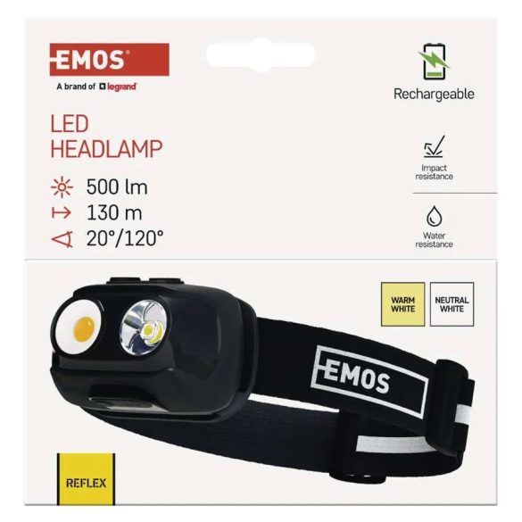 EMOS COB LED Fejlámpa tölthető P3542, 500lm, 130m, Li-pol 1200mAh