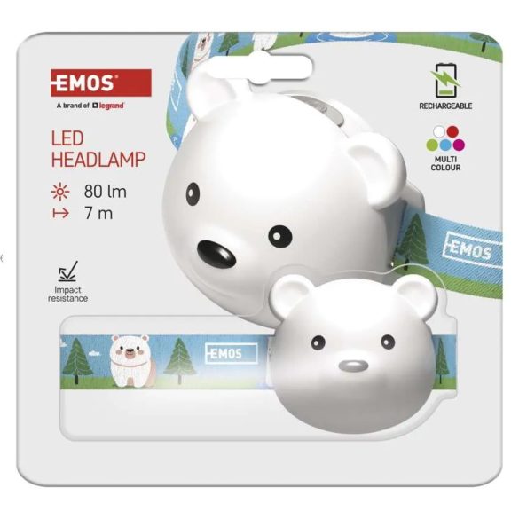 EMOS LED gyerek fejlámpa MEDVE, tölthető, 80 lm. Li-Pol 500 mAh P3543