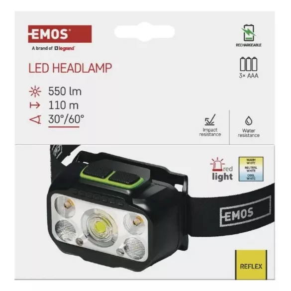 EMOS LED Fejlámpa tölthető P3546, 550 lm, 110 m, Li-Pol 1000 mAh / 3× AAA