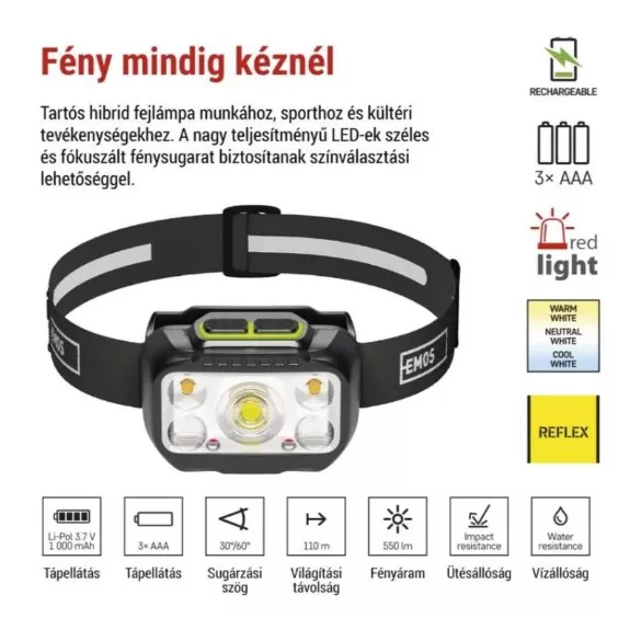 EMOS LED Fejlámpa tölthető P3546, 550 lm, 110 m, Li-Pol 1000 mAh / 3× AAA