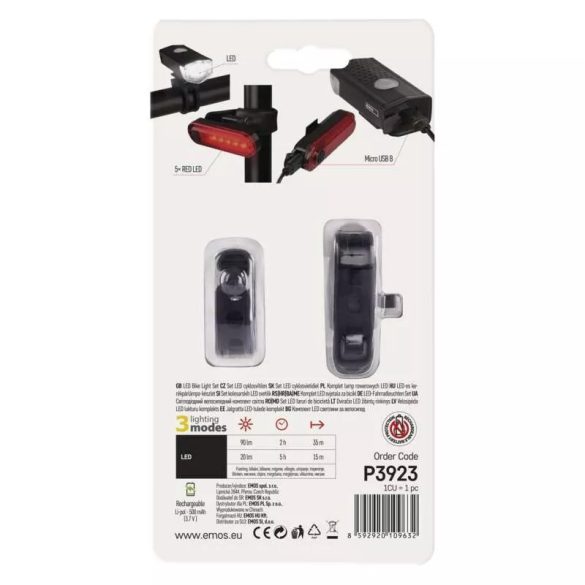 EMOS kerékpár lámpa első+hátsó szett LED tölthető 90lm P3923