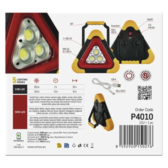 EMOS P4010 LED figyelmeztető háromszög, tölthető, COB LED + piros LED