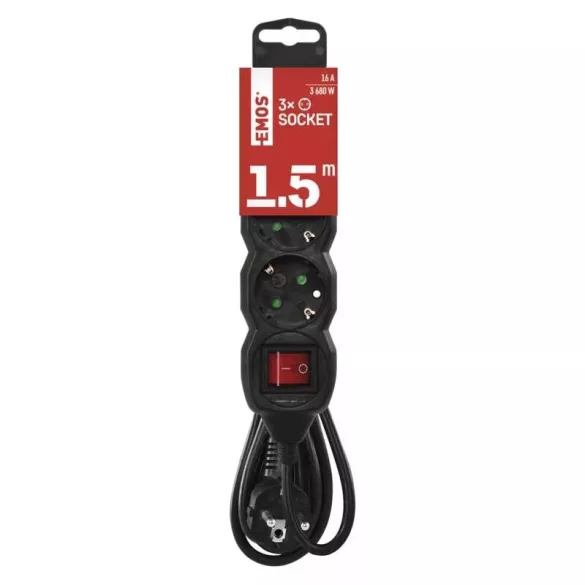 Hosszabbító 1,5 m / 3 aljzat / kapcsolós / fekete / PVC / 1,5 mm2 PC1321R