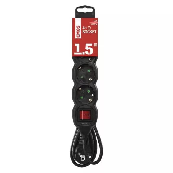 Hosszabbító 1,5 m / 4 aljzat / kapcsolós / fekete / PVC / 1,5 mm2 PC1421R