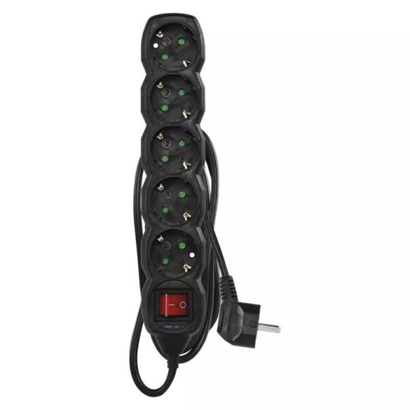 Hosszabbító 1,5 m / 5 aljzat / kapcsolós / fekete / PVC / 1,5 mm2 PC1521R