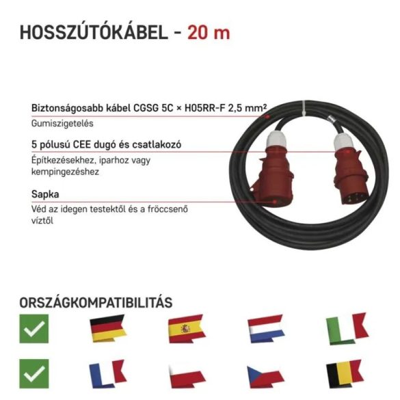 EMOS 3 FÁZISÚ HOSSZABBÍTÓ 20m 5X2,5mm vezetékkel 400V/16A PM0904