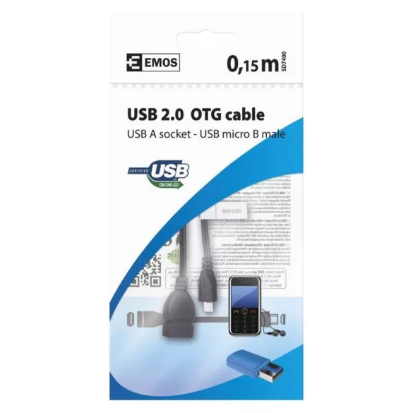 EMOS USB KÁBEL2.0 A/F- MICRO B DUGÓ OTG 15CM FEKETE SD7400