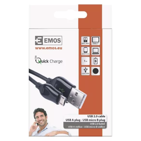 EMOS USB KÁBEL 2.0 A DUGÓ - MICRO B DUGÓ 1M FEKETE QCH SM7004B