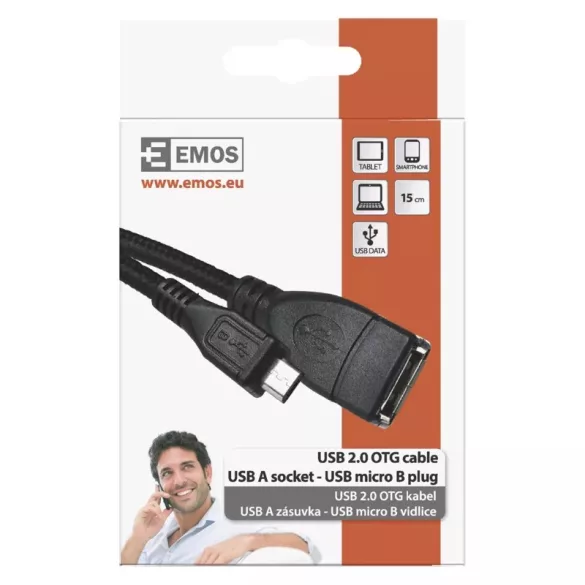 EMOS USB kábel 2.0 A - mikro B csatlakozó OTG 15cm fekete SM7053