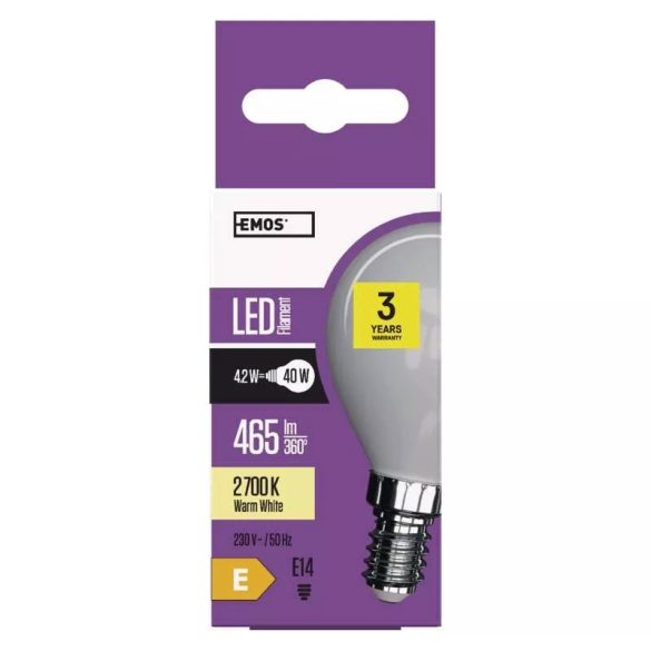 EMOS LED Filament Izzó Kisgömb 4,2W E14 465lm meleg fehér Z74233