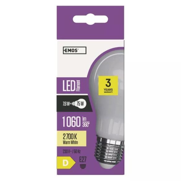 EMOS LED Filament izzó E27 7,6W 1060lm meleg fehér Z74276