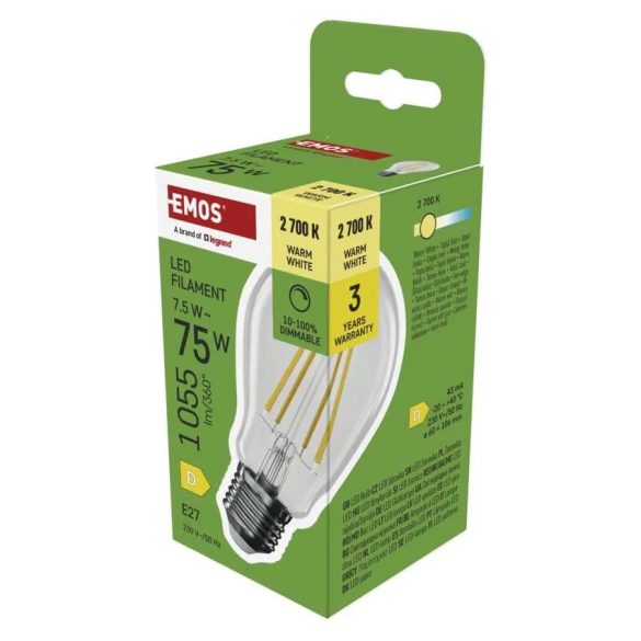 EMOS LED izzó Filament A60 /E27/ 7,5 W (75 W) /1055 lm /meleg fehér /dimmelhető
