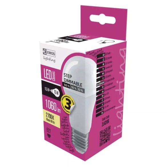 EMOS Classic LED izzó A60 E27 11.5W 1060lm 3x dimm. meleg fehér ZL4206