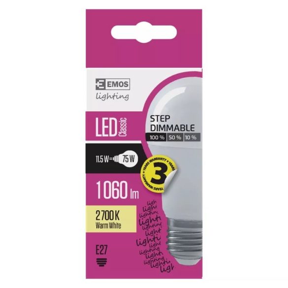 EMOS Classic LED izzó A60 E27 11.5W 1060lm 3x dimm. meleg fehér ZL4206