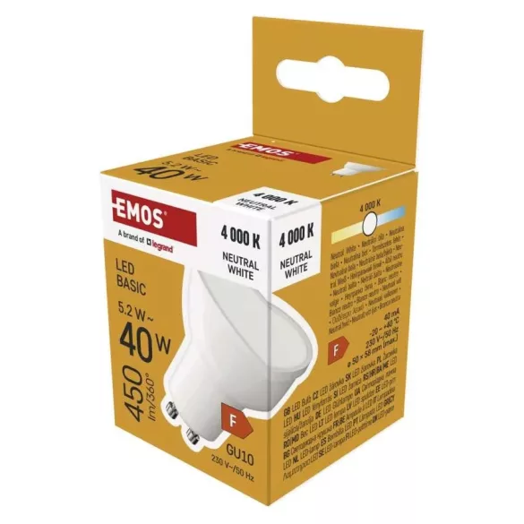 LED izzó Basic MR16 / GU10 / 5,2 W (40 W) / 450 lm / Természetes fehér ZL8F23