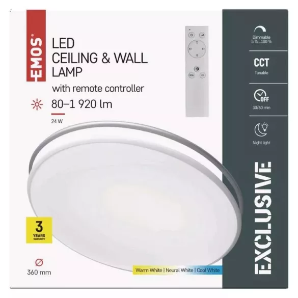EMOS LED mennyezeti lámpa 24W 80-1920lm dimm. állítható színhőmérséklet ZM5165