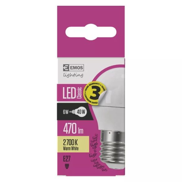 EMOS Classic LED izzó kisgömb E27 6W 470lm meleg fehér ZQ1120