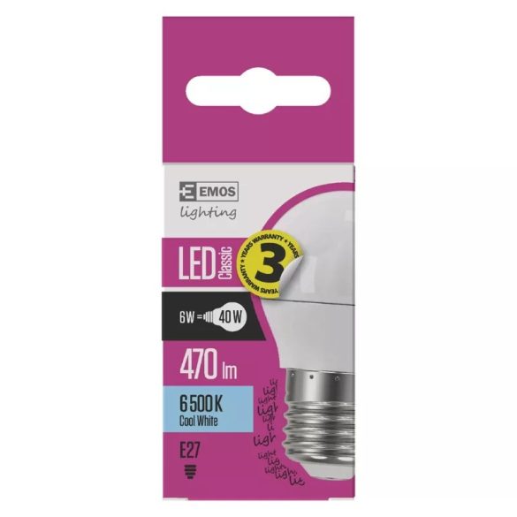 EMOS Classic LED izzó kisgömb E27 6W 470lm hideg fehér ZQ1122
