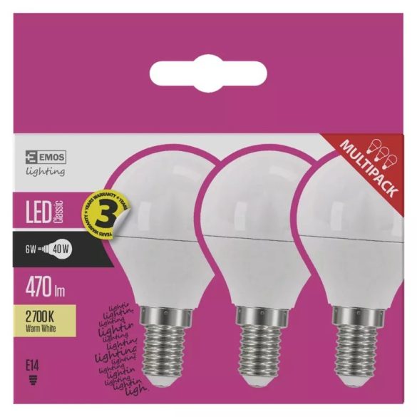 EMOS Classic LED izzó kisgömb E14 6W 470lm meleg fehér 3db ZQ1220.3