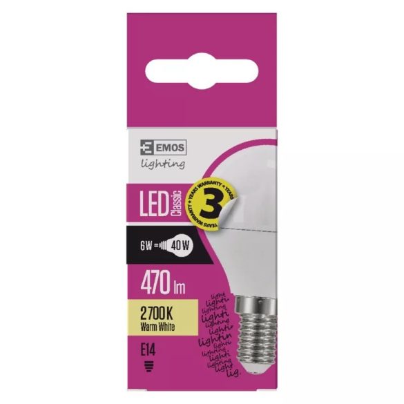 EMOS Classic LED izzó kisgömb E14 6W 470lm meleg fehér ZQ1220