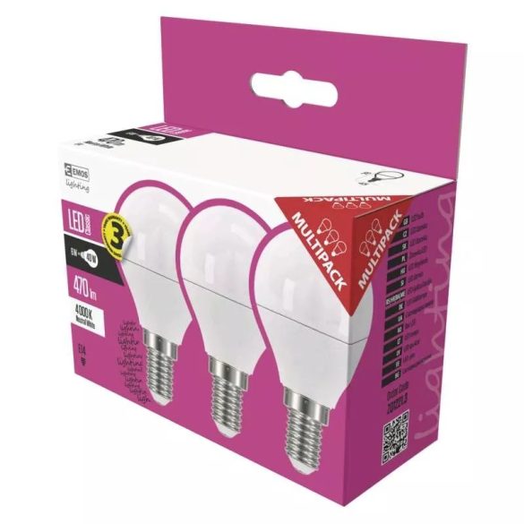 EMOS Classic LED izzó kisgömb E14 5W 470lm természetes fehér 3db ZQ1221.3