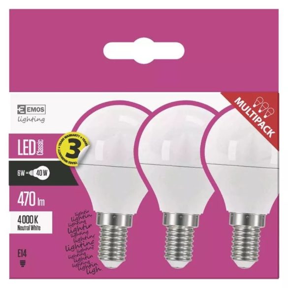 EMOS Classic LED izzó kisgömb E14 5W 470lm természetes fehér 3db ZQ1221.3