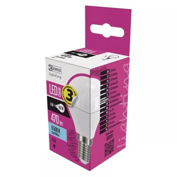 EMOS Classic LED izzó kisgömb E14 6W 470lm hideg fehér ZQ1222