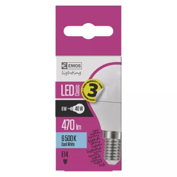 EMOS Classic LED izzó kisgömb E14 6W 470lm hideg fehér ZQ1222