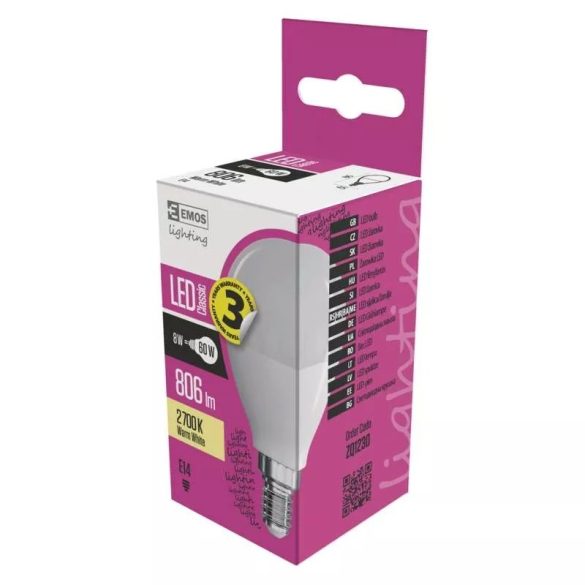 EMOS Classic LED izzó kisgömb E14 7,3W 806lm meleg fehér ZQ1230