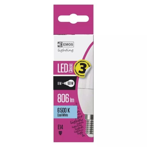 EMOS Classic LED izzó gyertya E14 8W 806lm hideg fehér ZQ3232