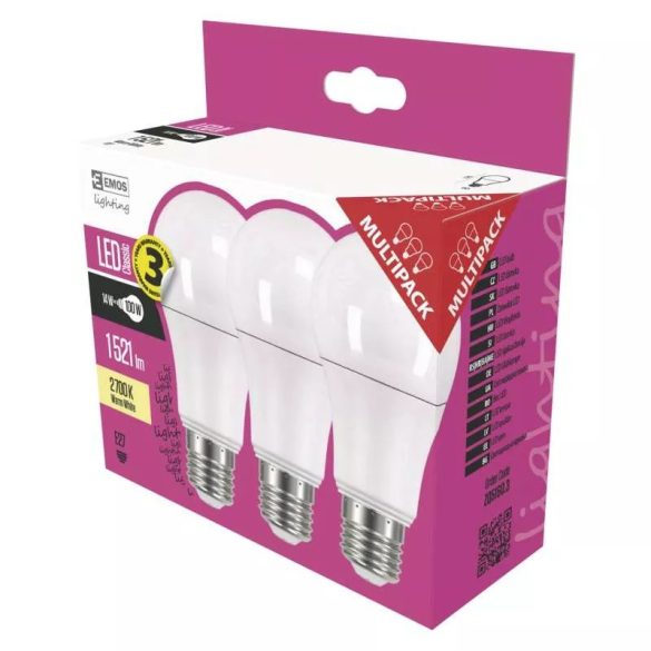 EMOS Classic LED izzó A60 E27 14W 1521lm meleg fehér 3db ZQ5160.3