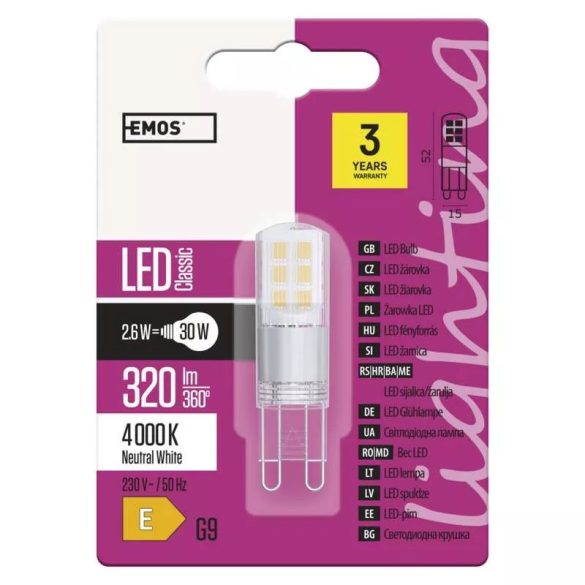 EMOS Classic LED izzó JC G9 2.6W 320lm természetes fehér ZQ9534