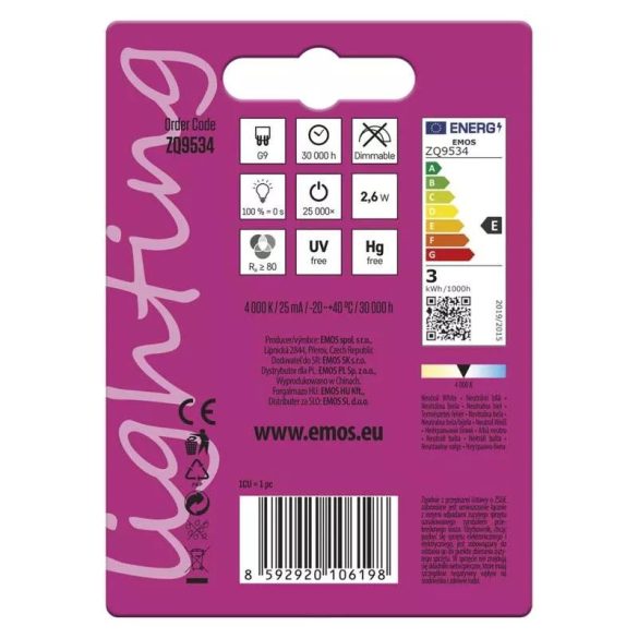 EMOS Classic LED izzó JC G9 2.6W 320lm természetes fehér ZQ9534