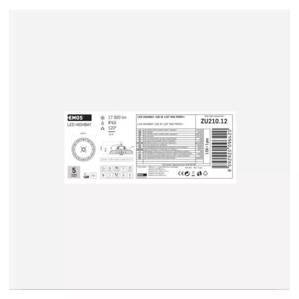 EMOS LED HIGHBAY ipari mennyezeti lámpa PROFI PLUS 100W IP65 120° ZU210.12