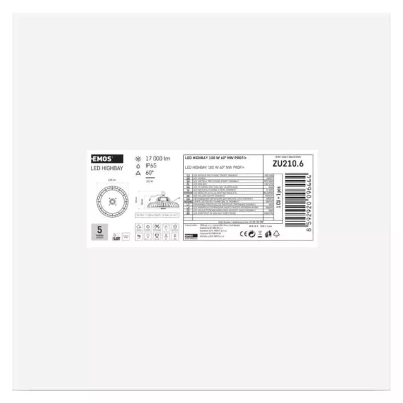 EMOS LED HIGHBAY ipari mennyezeti lámpa PROFI PLUS 100W IP65 60° ZU210.6
