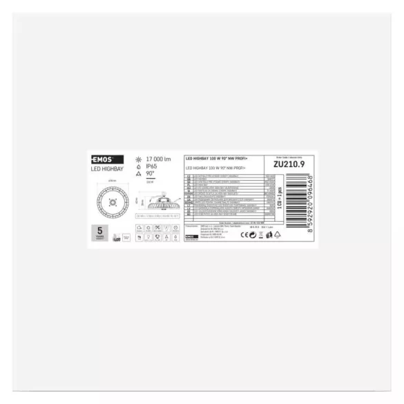 EMOS LED HIGHBAY ipari mennyezeti lámpa PROFI PLUS 100W IP65 90° ZU210.9
