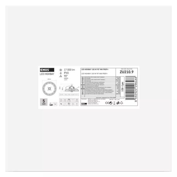 EMOS LED HIGHBAY ipari mennyezeti lámpa PROFI PLUS 100W IP65 90° ZU210.9