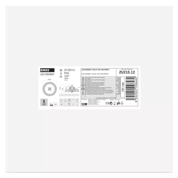 EMOS LED HIGHBAY ipari mennyezeti lámpa PROFI PLUS 150W IP65 120° ZU215.12