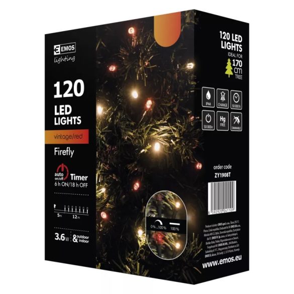 KARÁCSONYI FÉNYF FIREFLY 12M 120LED IP44 VINTAGE/PIROS ZY1908T