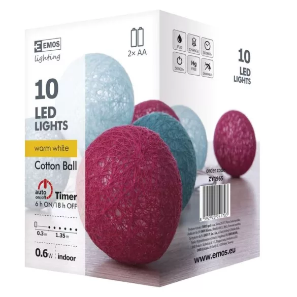 EMOS HOME DECO fényfüzér CÉRNALABDA TAVASZ 1M, 10LED, 2xAA, időzítő, ZY1965