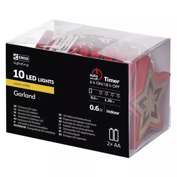KARÁCSONYI FÉNYFŰZÉR PIROS/NATÚR CSILLAG 10LED 2×AA IDŐZ. MELEG FEHÉR ZY2071