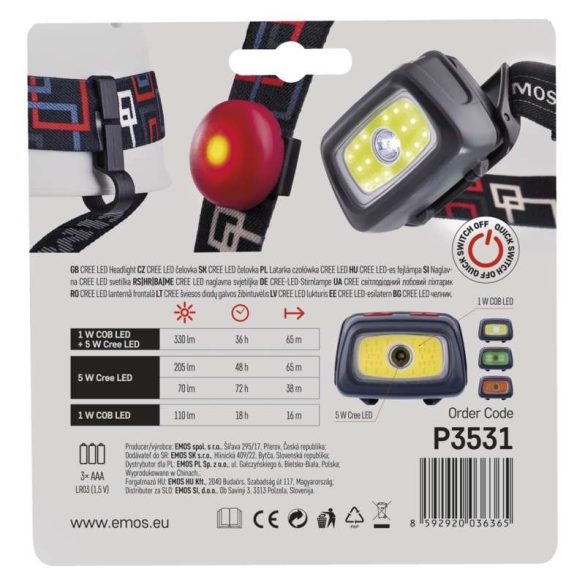 EMOS FEJLÁMPA 1 COB + CREE LED, 3xAAA P3531