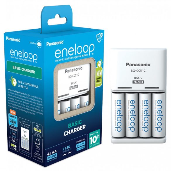 Panasonic Eneloop BQ-CC51E töltő +4db BK-3MCDE 2000 mAh AA akku
