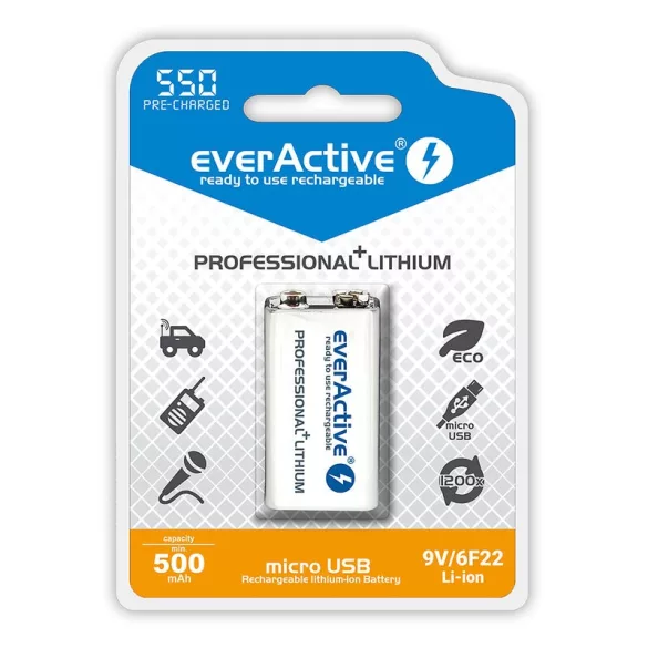 everActive 9V-os Li-ion akku 550mAh/7,4V  USB-C