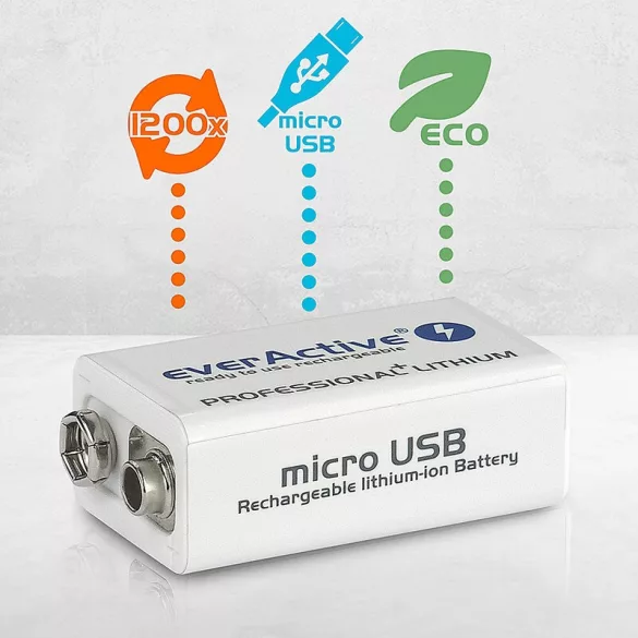 everActive 9V-os Li-ion akku 550mAh/7,4V  USB-C