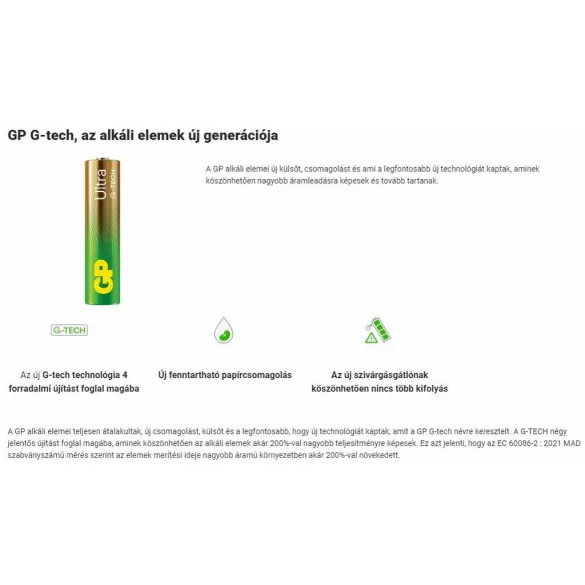 GP Ultra G-TECH alkáli AAA mikró elem (LR03) fóliás/2 (B1910,GP24AU-S2)